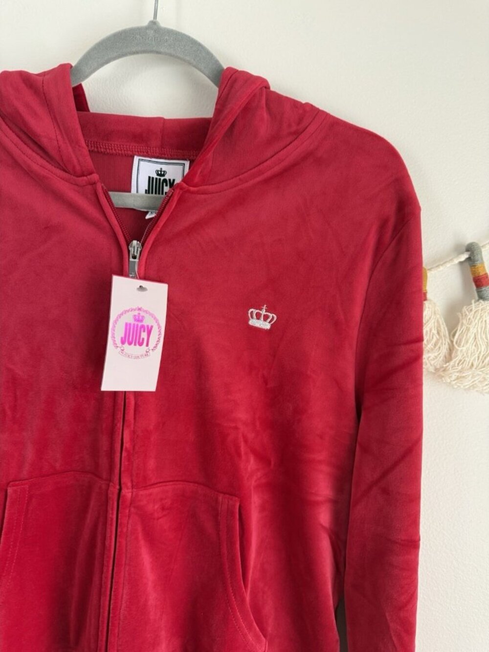 Juicy Couture Velour Hooded Track Jacket RED Full Zip Crown Bling Back NEW XXL - Picture 9 of 10